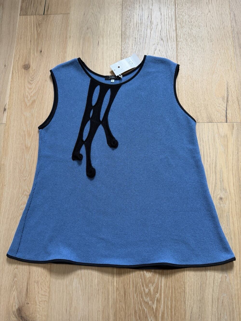 NWT JASKAR Luxury Knit Top L Blue Black Asymmetrical Crew Neck Class Sleeveless